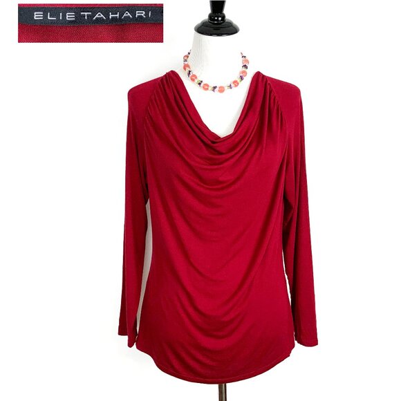 Elie Tahari Tops - Elie Tahari Cranberry Red Cowl Neck Long Sleeve Top Blouse Career Sz L